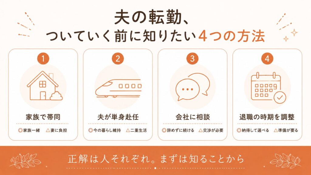 夫の転勤についていく前に知っておきたい、選べる4つの方法の図解